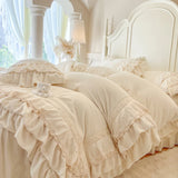 Popxstar  Romantic Three Layer Lace Ruffles Velvet Winter Warm Thickened Princess Bedding Set Duvet Cover Bed Skirt Pillowcases 4Pcs