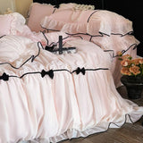 Popxstar Romantic Lace Princess Black Bow Bedding Set Pink Korean Style Duvet/Comforter Cover Set Bed Sheet/Fitted Sheet Pillowcases 4Pcs