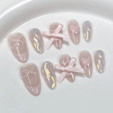 Popxstar 10Pcs Pink Almond Handmade Press on Nails Bow Fake Nails with Rhinestone Decoration Wearable Stick-on Nails False Nail 네일팁