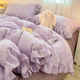 Popxstar  Princess Style Bedding Sets Ruffle Lace Bow Quilt Cover Romantic Bedclothes Decor Woman Girls Bedroom Duvet Cover 4pcs