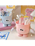 Cute Cartoon Face Large Capacity Pen Holder - Office Desk Organizer Box For Pens, Markers And Stationery, Portable Design Suitable For Students And Office, Blue And Pink With Playful Happy Faces, Office Supplies And Accessori