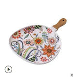 Popxstar  Butterfly Love Flower Series High Temperature Matte Glazed Wooden Handle Oval Steak Plate Western Food Plate Ceramic Plate