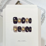 10pcs Lovely Cat Eye Press on Nails Red Bow Polka Dots Stick on Nails Glitter Pearl Rhinestone False Nails Short Squoval Nail