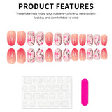 Popxstar  Blush Pink False Nails 24Pcs Short Round Head Press On Nails Floral Printed Summer DIY Manicure Full Cover Acrylic Fake Nails