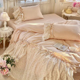 4Pcs Bedding Set French-Inspired, Girly, Princess-Style Bows and Lace Pink Duvet Cover Pillowcase Bedding Full Set Double Bed