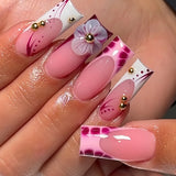 Popxstar 24Pcs Pure White French Press on Nails Long Square Head False Nails with Pearl Pink Bow Design Ballet Wearable Fake Nails