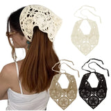 Popxstar Floral Hair Bandana Knitted Head Kerchief Women Bandana Handmade Crochet Hair Scarf Triangled Headband with Ties