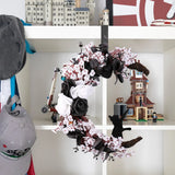 Popxstar Halloween Flower Wreath White Flowers Black Roses Withered Branches Moon Cat Flower Wreath Decoration Door Wreath Decoration
