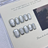 10pcs Aurora Chrome Press on Nails Short Square Solid Color Fake Nails with Geometric False Nails Glitter Blue Cat Eye Nail Art