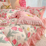 Popxstar INS Pink Flower Bedding Set Princess Lace Duvet Cover with Flat Sheet And Pillowcase Soft Home Textiles For Girls Gift Bedlinen