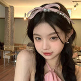 Popxstar Pink Satin Pearl Hair Band Cream Color Girl Bow Ribbon Sweet Lady Headband  Hoop Headwear Women Jewelry Accessories