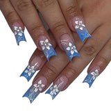 Popxstar 24 sweet cherry blossom red printed coffin full cover fake nails, French white, suitable for women's daily wear, 1 nail file and