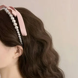 Popxstar Pink Satin Pearl Hair Band Cream Color Girl Bow Ribbon Sweet Lady Headband  Hoop Headwear Women Jewelry Accessories
