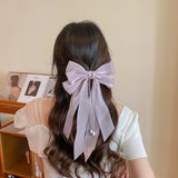 Popxstar Elegant Bow Ribbon Hairpin for Women Long Tassels Pearl Pin Bowknot Stain Hair Clip Retro Headband Girl Hair Accessories Jewelry