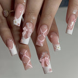 Popxstar 24Pcs Cute Pink French Fake Nails with Glue Long Ballet False Nail Bow Pearl Design Press on Nails Wearable Coffin Manicure Tips