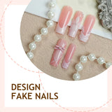 Popxstar  24Pcs Long Coffin Fake Nails Sweet Pink Ballet Press On Nails French Tips Ballerina False Nails Flower Bowknot Pearls Designs