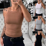 Popxstar Women Solid Round Neck Ribbed Sexy Girl Tank Top Pure Cotton Camisole Women Summer Basic Elastic Tank Top O Neck Solid Tank Top