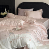Popxstar  600TC Lyocell Bamboo Fiber Soft Silky Bedding Set Pink Flowers Embroidery Duvet Cover Flat/Fitted Bed Sheet Pillowcases 3/4Pcs