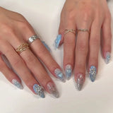 Popxstar  24pcs Simple Love Design False Nails Art Press on Bow Flower Datachable Fake Nails Sets Polka Dots Blue Short Oval Manicure Tips