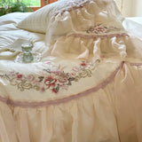 Popxstar  Premium Egyptian Cotton Luxury Wedding Bedding Set Flowers Embroidery Organza Lace Ruffles Duvet Cover Set Bed Sheet Pillowcases