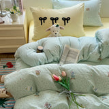 Popxstar  Cartoon Bedding Set Ins Korean Towel Embroidery Bed Linen Flat Sheets Set 2 Pillowcases Twin Double Queen Size Duvet Cover Set