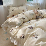 Popxstar Blue Floral Ruffle Duvet Cover Set Queen Flower Leaf Comforter Covers 4Pcs Soft Luxury Pastoral Garden Washed Cotton Bedding Set