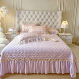 Popxstar  4Pcs Pure Cotton French Flowers Lace Ruffles Princess Wedding Bedding Set Duvet Cover Quilted Bedspread Bed Skirt Pillowcases