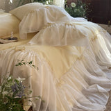 Popxstar  800TC Egyptian Cotton Brushed Bow Lace Ruffles Princess Wedding Bedding Set Duvet Cover Flat Bed Sheet Pillowcases 4Pcs