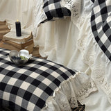 Popxstar  Vintage Black White Plaid Style Lace Ruffles 100% Cotton Double Yarn Soft Bedding Set Duvet Cover Bed Skirt Pillowcases 4Pcs