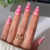 Popxstar  Blush Pink Almond Fake Nails Love Heart Bowknot Star Printed Acrylic Nails Press On 24Pcs Full Cover False Nails for Manicure