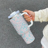 40oz Diamond Thermos Cup With Handle 304 Stainless Steel Vacuum Flasks Portable Car Coffee Cup Insulated Thermal Water Bottles