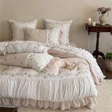 Flowers Embroidery Pleated Ruffles Bedding Set Double Layer Crepe Yarn 100% Cotton Duvet Cover Flat/Fitted Sheet Pillowcase 4Pcs