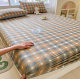 Popxstar 100% Cotton Elastic Bed Sheets Sets Plaid Print Fitted Sheet + 2pc Pillowcases Twin Full Queen King Cal-King Size Bed Cover