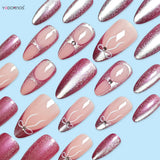 Popxstar  Pink Purple Almond French Fake Nails 24Pcs Glossy Cat's Eyes Press On Nails Bowknot Decor Reusable False Nails Art for Manicure