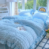 Popxstar Korean Princess Style Lace Ruffles Bedding Set Skin-friendly Soft Seersucker Duvet Cover Set Bed Sheet Or Bed Skirt Pillowcases