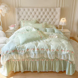 Popxstar  4Pcs Pure Cotton French Flowers Lace Ruffles Princess Wedding Bedding Set Duvet Cover Quilted Bedspread Bed Skirt Pillowcases
