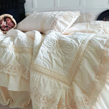 Popxstar  Rose Embossing Quilted Duvet Cover Set Vintage Lace Ruffles Pure Cotton Bedding Set Bed Sheet/Bed Skirt/Fitted Sheet Pillowcases