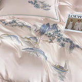Popxstar  4Pcs New Chinese Style Landscape Embroidery Luxury Bedding Set Silky Duvet Cover Set Soft Quilt Cover Set Bed Sheet Pillowcases