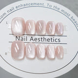 Popxstar 24 Pcs Cat Eye Winter Press on Nails for Gluing Long Korea False Nail for Girls Cheap Coffin Stick-on Fake Nails Set with Glue