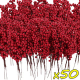 Popxstar 50/1branch Christmas Artificial Berries Stem Red Holly Berry Fake Flowers Plant for Xmas Tree New Year Party Home Decor Ornament