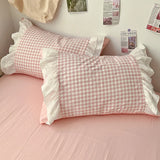 Popxstar Korean Princess Style Lattice Double Layer Lace Bedding Set Soft Quilt Cover Plaid Style Duvet Covers Set Bed Sheet Pillowcases