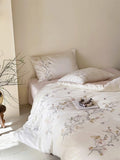 Popxstar  Flowers Embroidery Luxury Bedding Set 600TC Lyocell Bamboo Fiber Soft Silky Duvet Cover Flat/Fitted Bed Sheet Pillowcases 4Pcs
