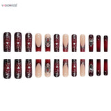 Popxstar  Gradient Black Red Halloween Fake Nails Long Coffin French Style Press on Nails 3D Spider Designs Y2K Punk Fashion False Nail