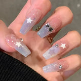 Popxstar 24Pcs Three-dimensional Love Heart False Nails with French Design Long Coffin Wearable Fake Nails Rhinestone Press on Nails Tips