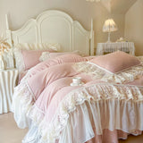 Popxstar  Romantic Lace Ruffles Handmade Beads Velvet Winter Warm Thickened Princess Bedding Set Duvet Cover Bed Skirt Pillowcases 4Pcs