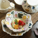 Popxstar  1PC Hand-painted Ceramic Tableware Underglaze Color Vegetable Plate New Flower Relief Plate Household Salad Tableware