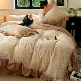 Popxstar  Nordic Bedding Sets 100% Cotton Floral Flat Bed Sheet Set 2 Pillowcases Skin-Friendly Queen King Double Size Bed Linen Set