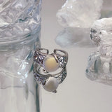 Popxstar Kpop 90s Grunge Aesthetic Irregular Liquid Metal Heart Moonstone Open Ring For Women Luxury Vintage Jewelry EMO Y2K Accessories