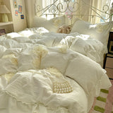 3/4Pcs Korean Style Princess Lace Ruffles Skin-friendly Soft Flowers Embroidery Bedding Set Duvet Cover Bed Sheet Pillowcases