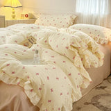 Popxstar  Princess Style Bedding Sets Ruffle Lace Bow Quilt Cover Romantic Bedclothes Decor Woman Girls Bedroom Duvet Cover 4pcs